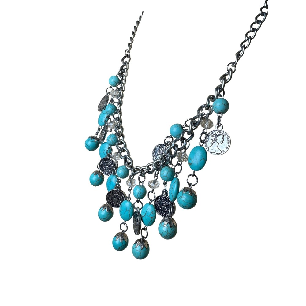 Boho Southwestern Western Cowgirl Turquoise Coin Charm Statement Necklace Worthy